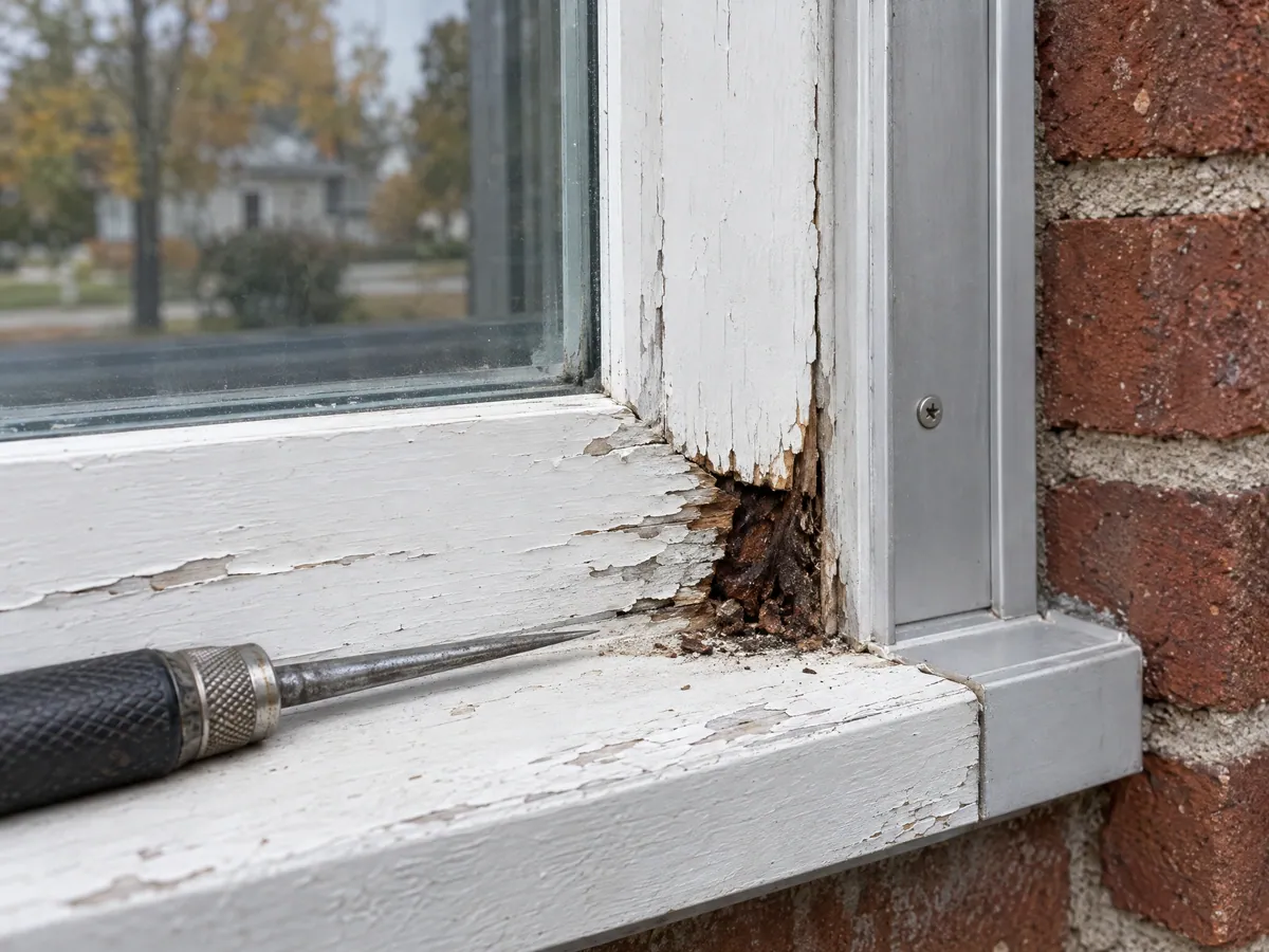 Close-up of a painted wood window sill with peeling paint and a dark patch of soft rot at the inside corner, beside an aluminium storm frame and red brick, with a pointed tool resting on the sill